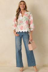 Petals in the Breeze Peach Multi Cotton Floral V-Neck Top