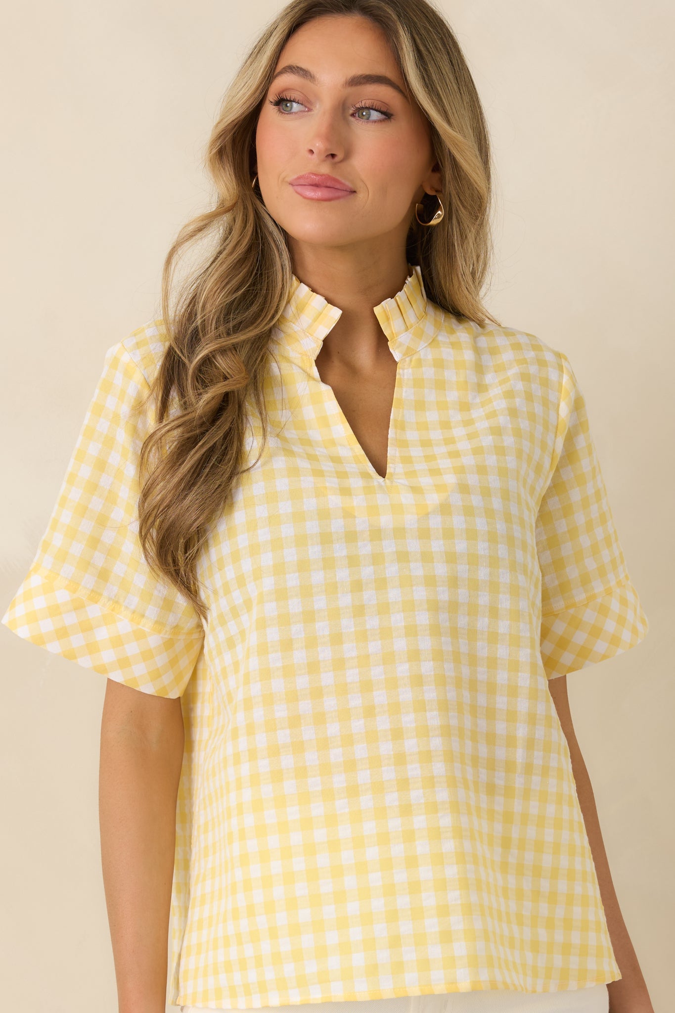 Plans in the Sunshine Yellow Gingham Cotton V-Neck Top