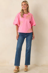 Pop of Play Pink Contrast Embroidered Cotton Top