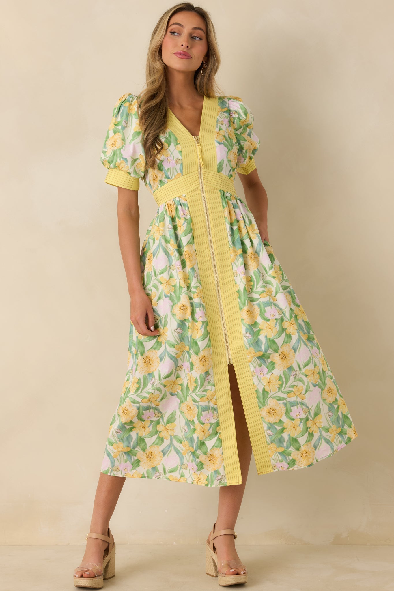 Color Me Floral Yellow Multi Floral Print Cotton Zip Front Midi Dress