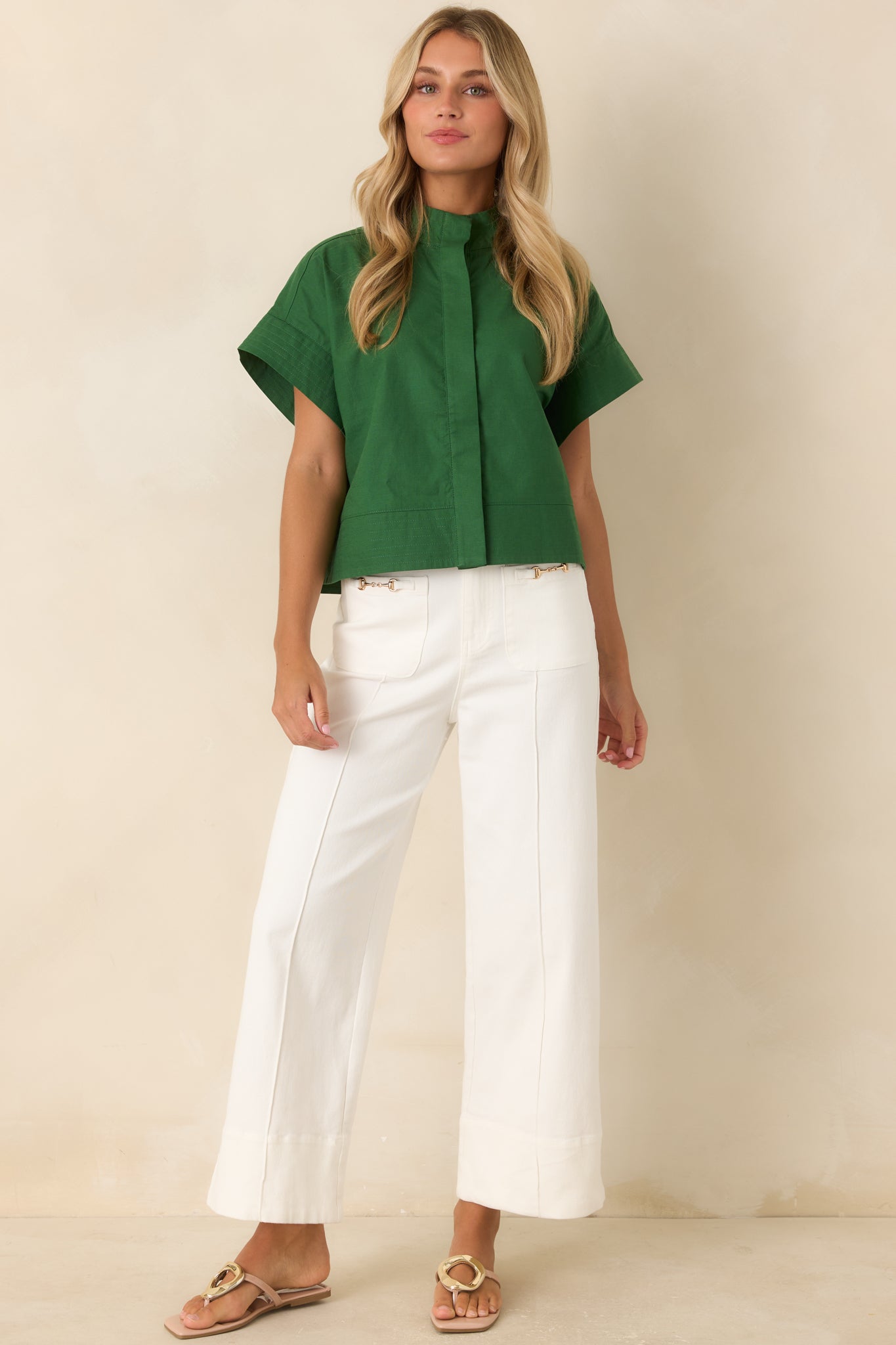 Pretty In Power Fern Green Cotton Linen Button-Front Mock Neck Top