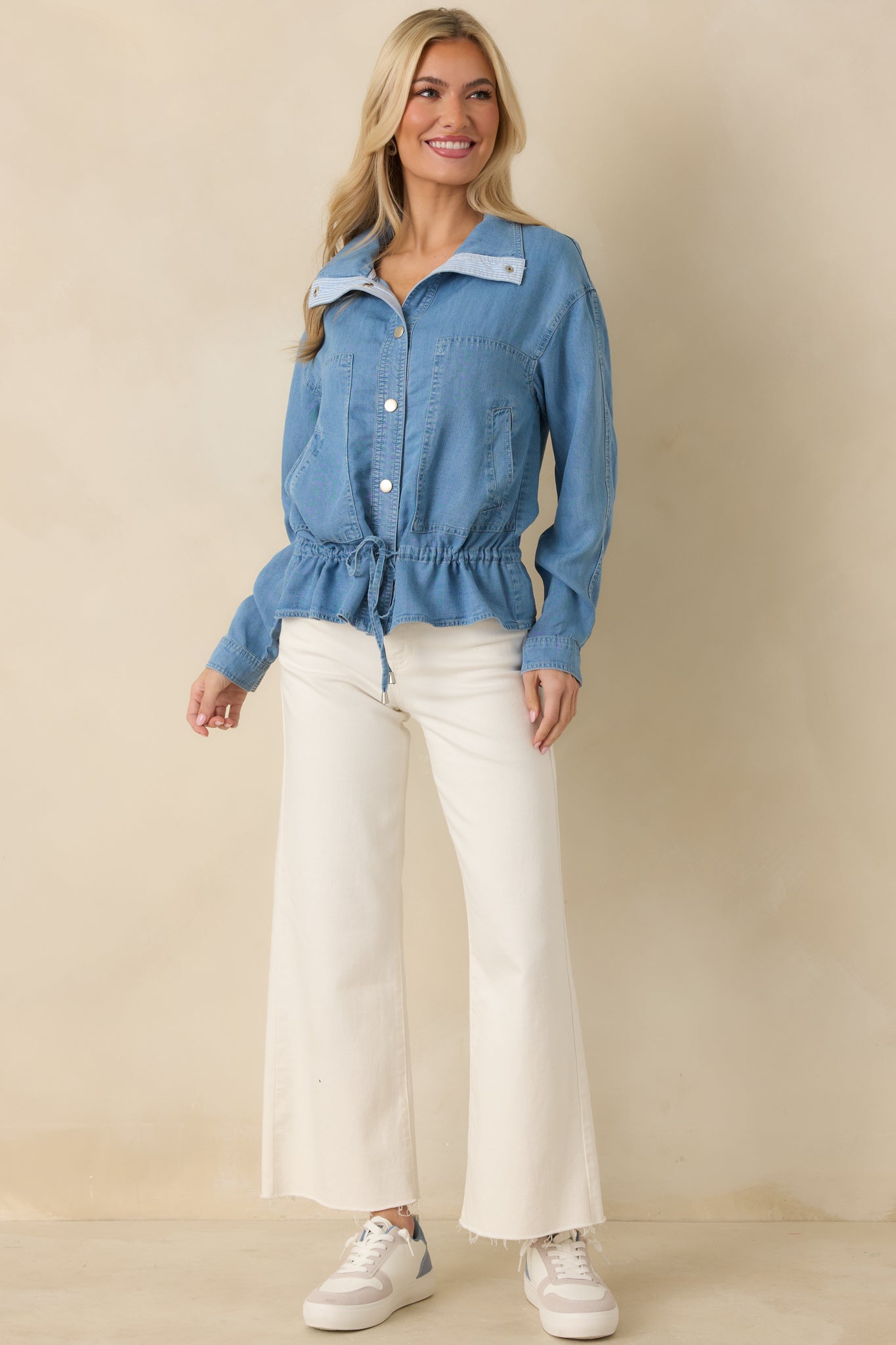 The Right Touch Medium Wash Lightweight Denim Button-Front Jacket