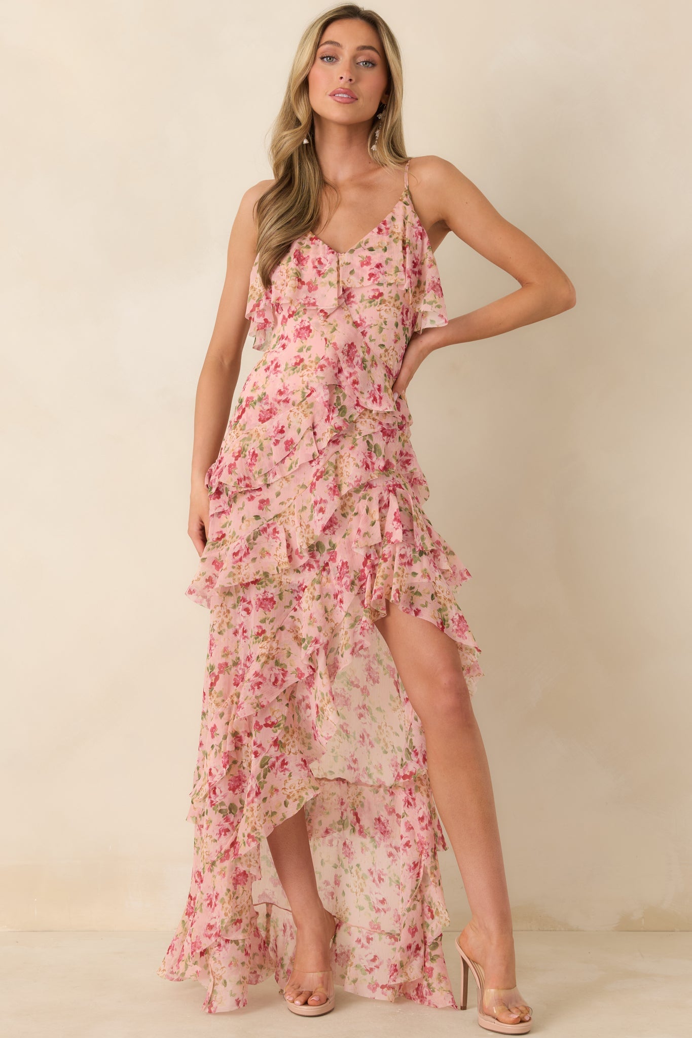 Keep Me Twirling Blush Pink Multi Floral Ruffle Asymmetrical Maxi Dress