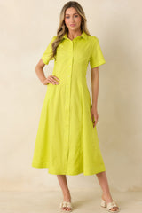 Make It Look Easy Chartreuse Short Sleeve Midi Shirt Dress