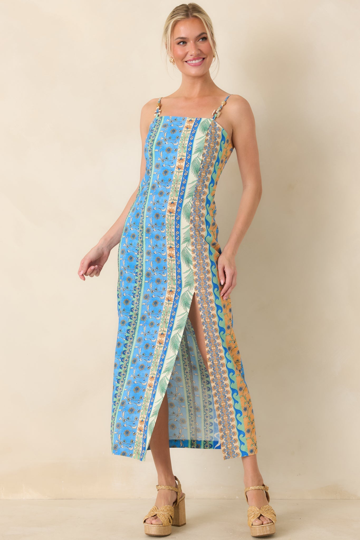 Sipping Under the Palms Blue Multi Tropical Print Bead Detail Midi Dress