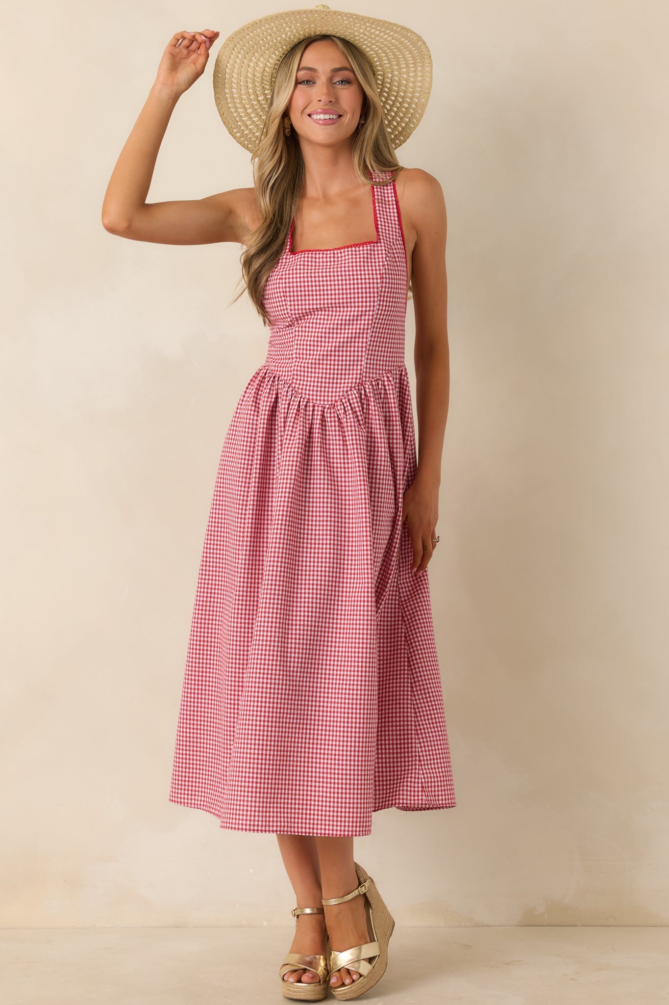 Just Because I Can Red Gingham Open Back Tie Maxi Dress