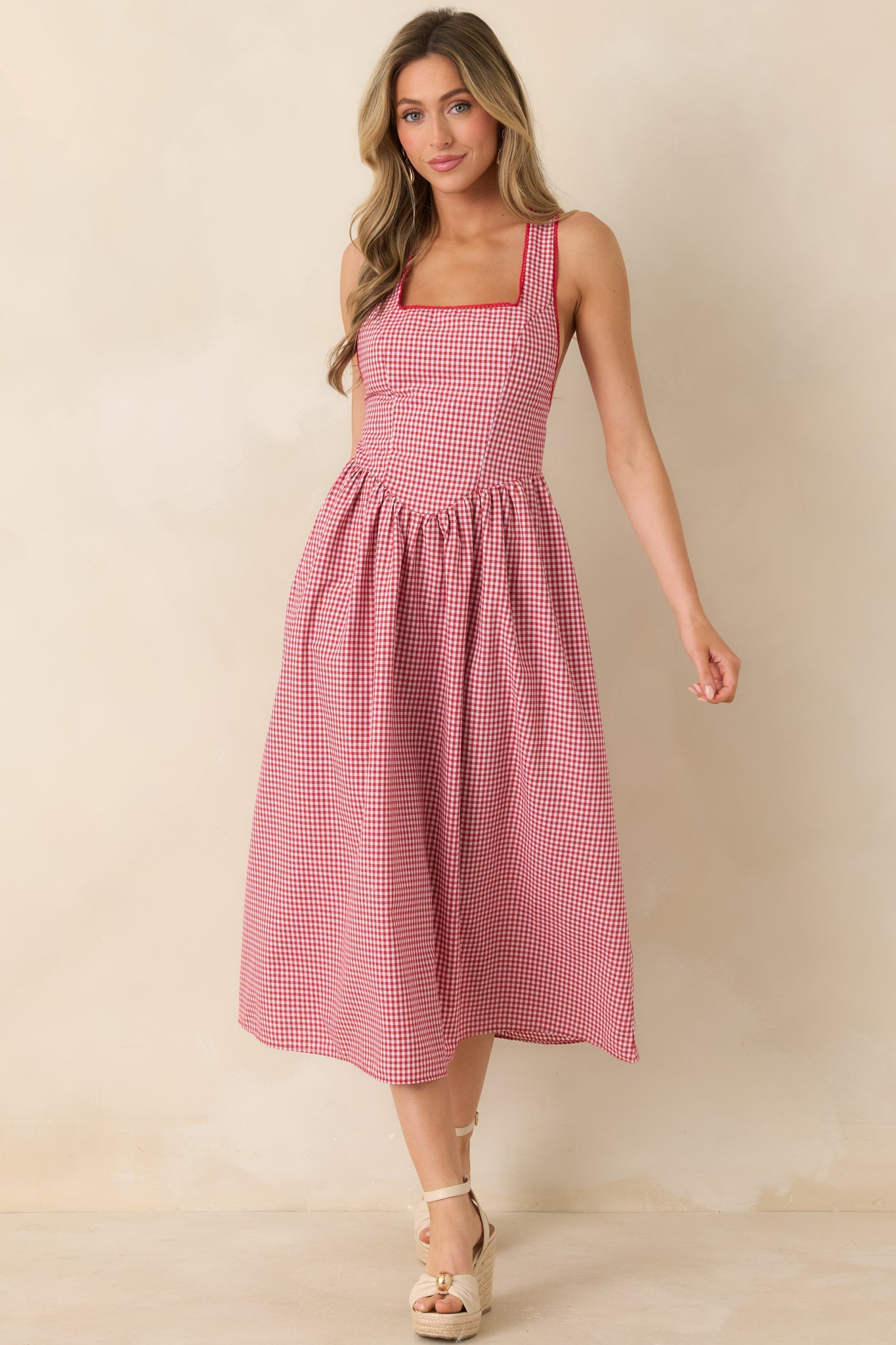 Just Because I Can Red Gingham Open Back Tie Maxi Dress