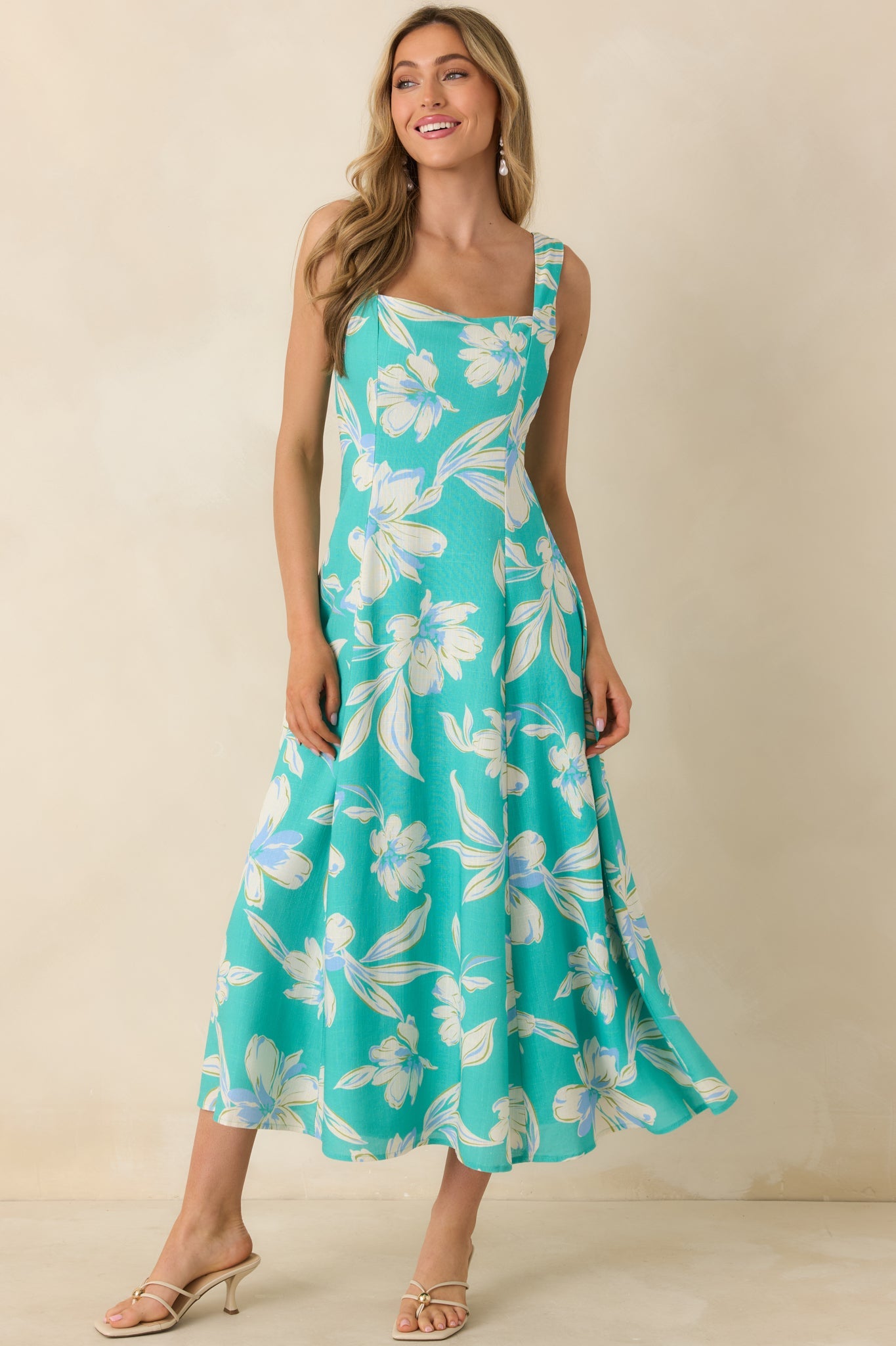 Laguna Bloom Turquoise Multi Floral Sleeveless Midi Dress