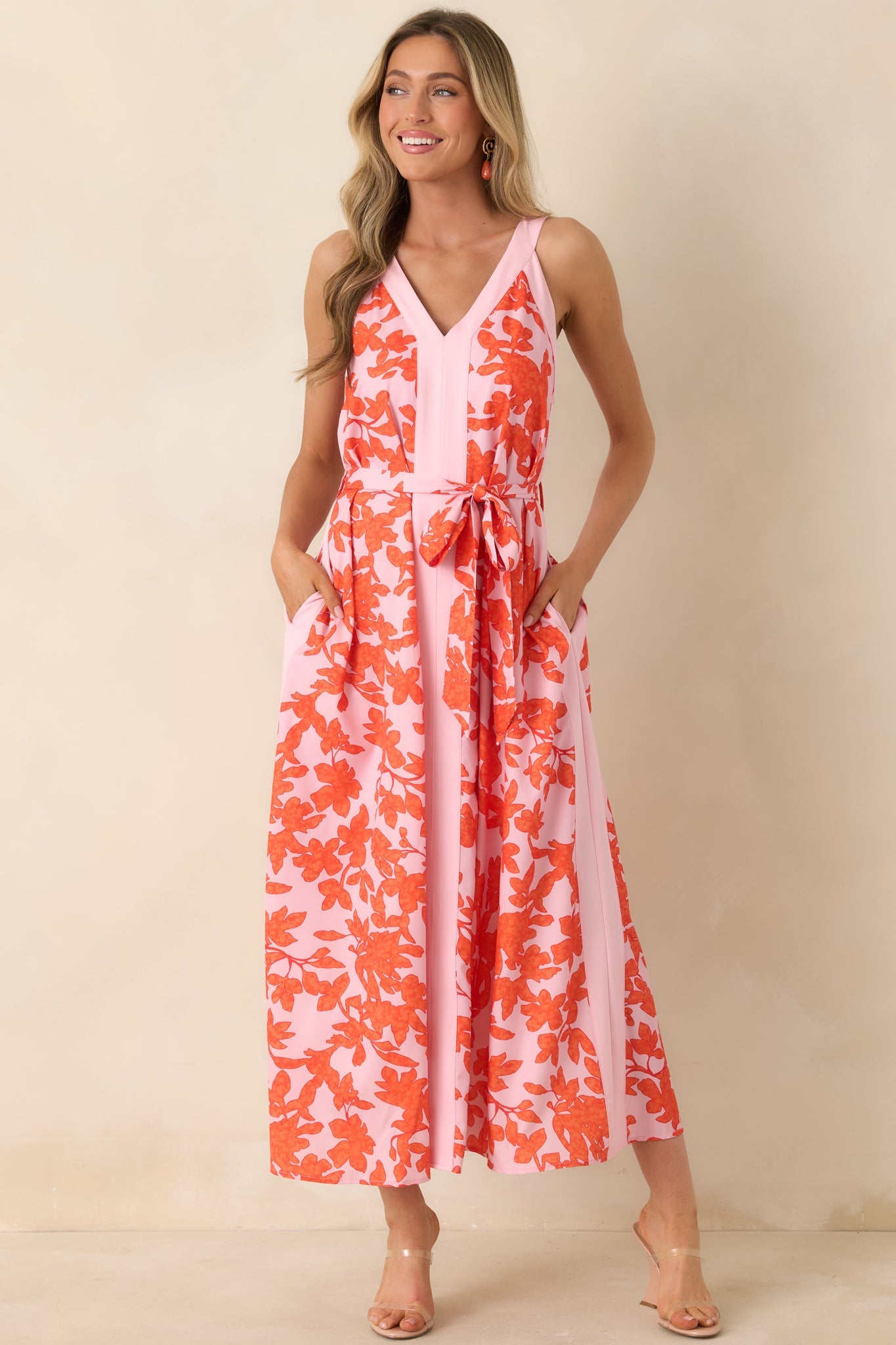 Living For It Orange & Light Pink Floral V-Neck Tie Belt Dress