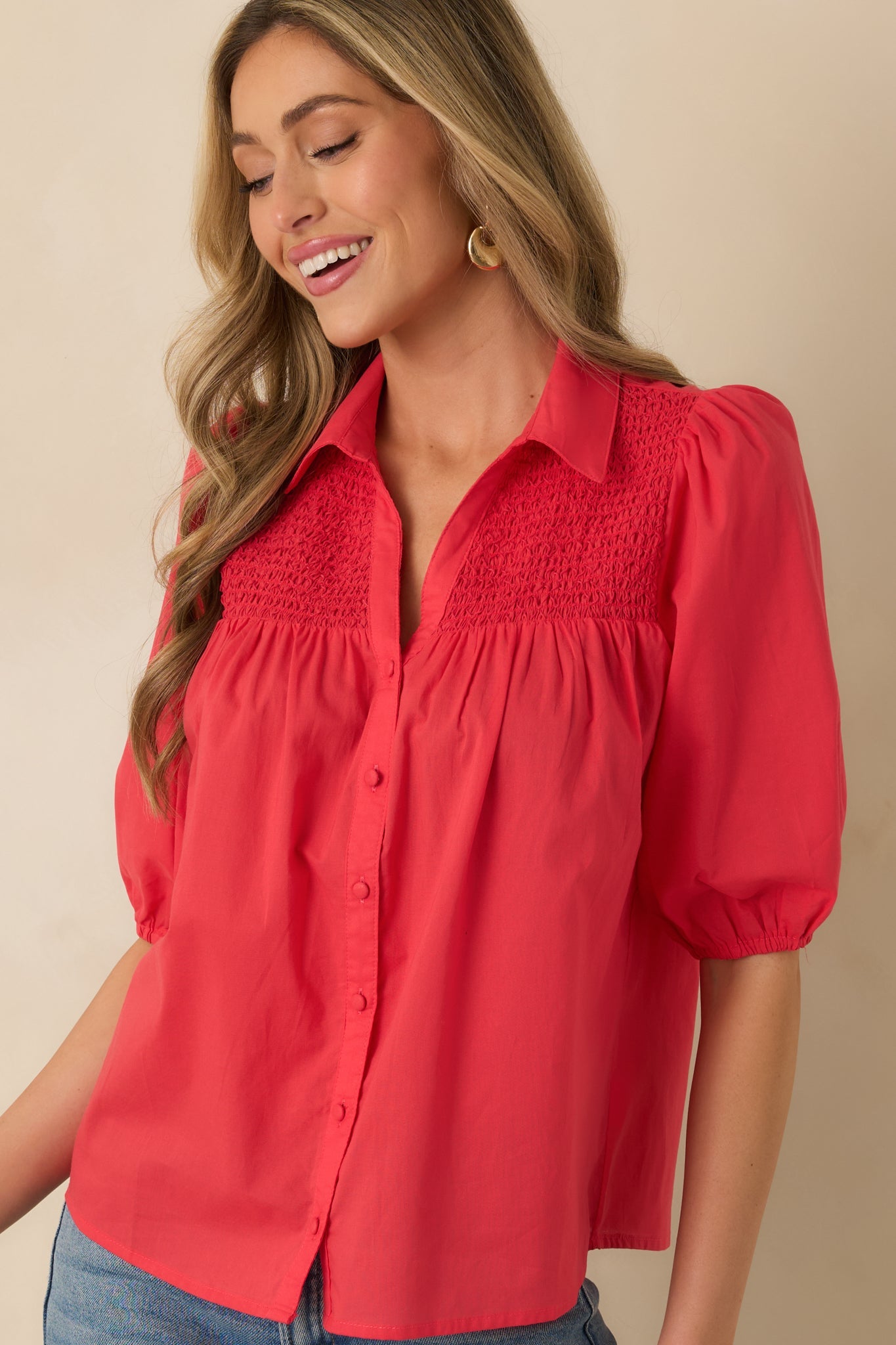 Precious As You Watermelon Red Cotton Puff Sleeve Smocked Button Up Blouse