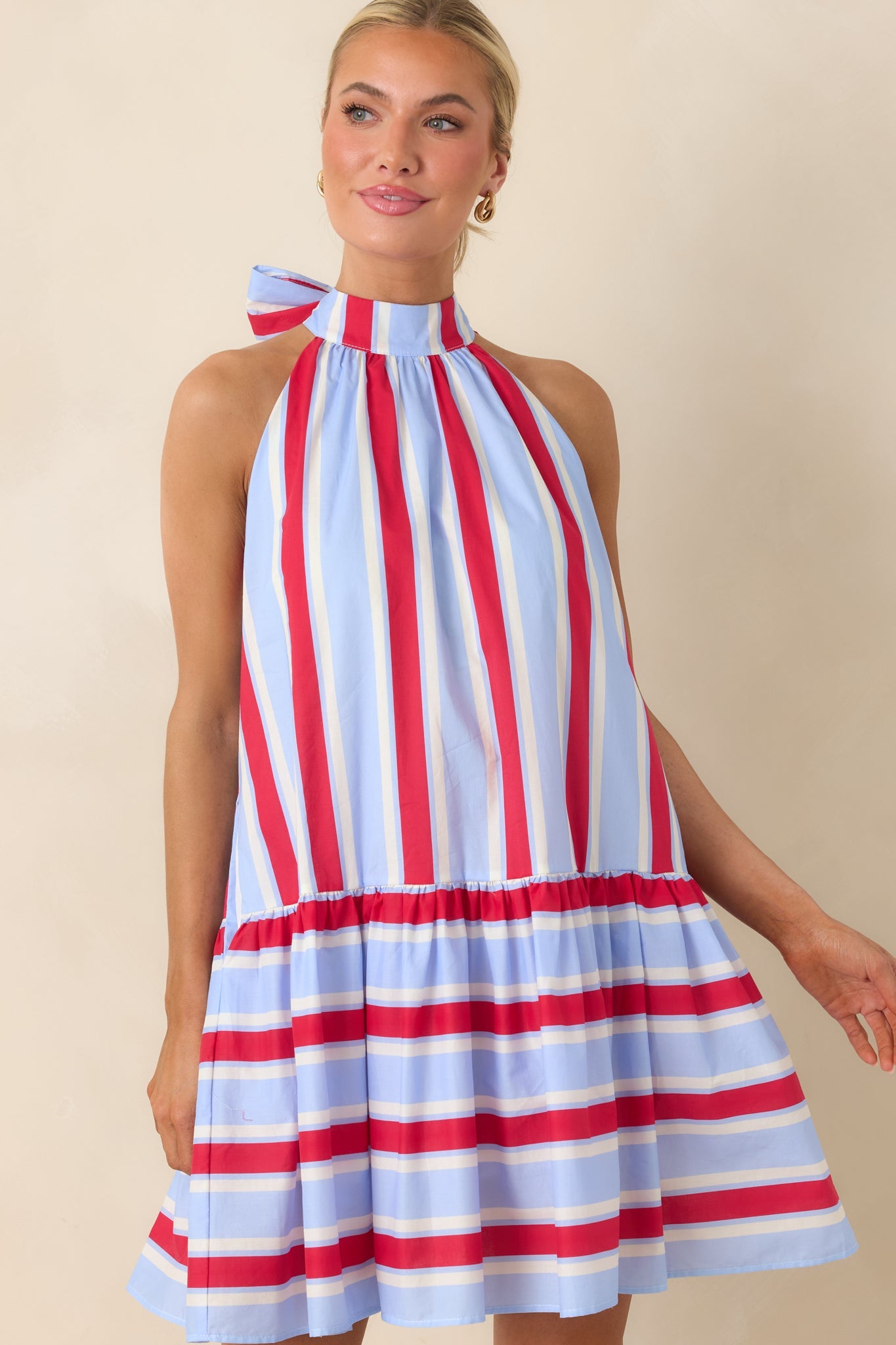 Made for Fireworks Red & Light Blue Stripe Cotton Halter Tiered Mini Dress
