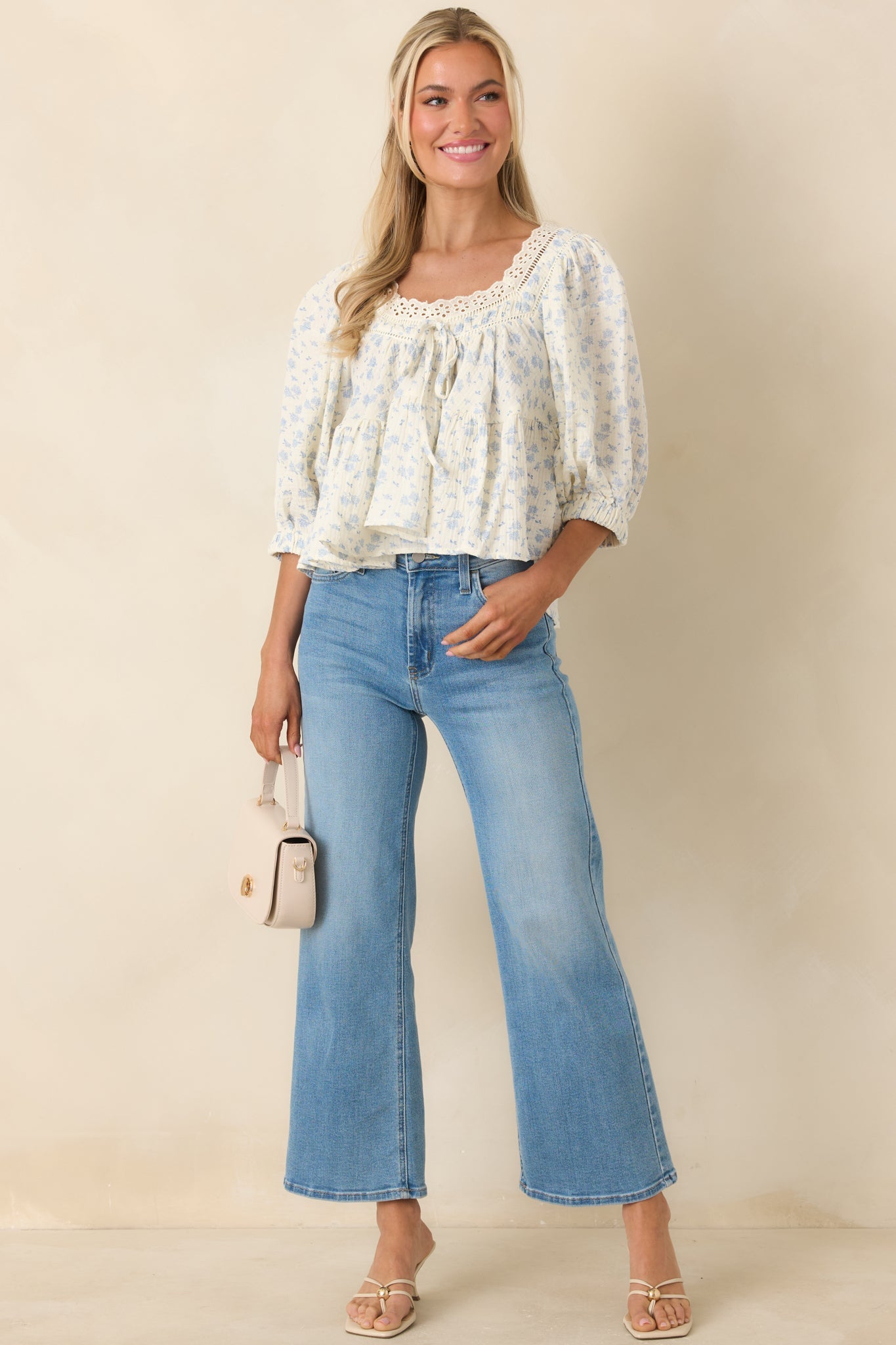 Sweetest Story Ivory & Blue Floral Cotton Blouse