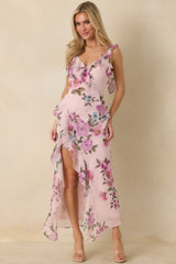Into the Spell Lavender Multi Floral Ruffle Chiffon Sleeveless Maxi Dress