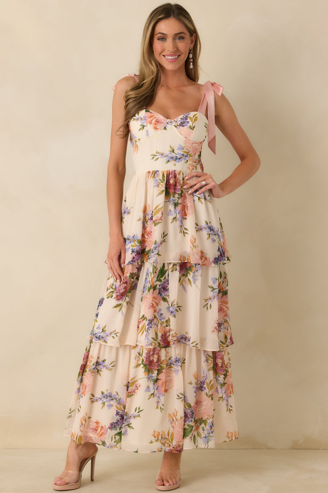 Written in Flowers Blush Pink Multi Floral Tie Strap Maxi Dress