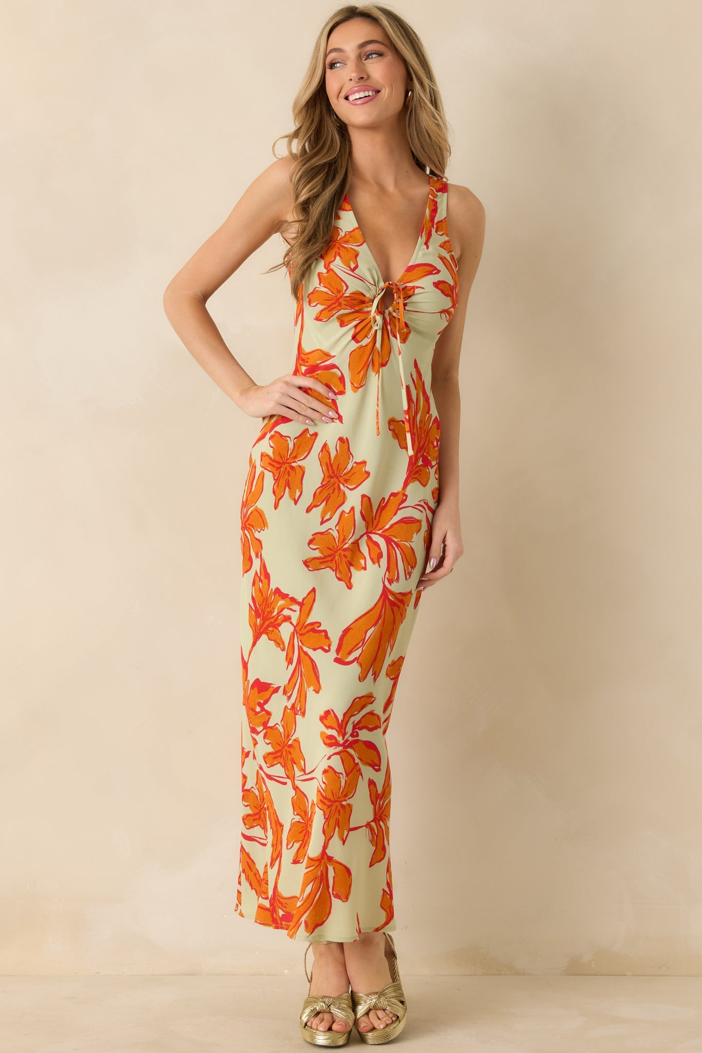 MINKPINK Estelle Green & Orange Floral Print Keyhole Maxi Dress
