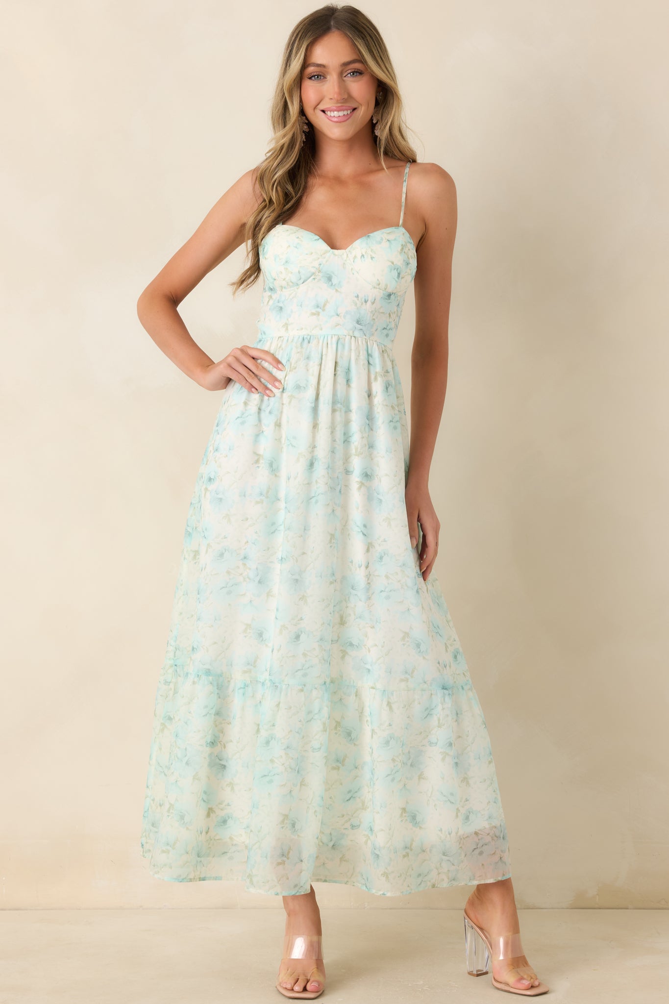 Love Me Softly Aqua Blue Floral Bustier Maxi Dress