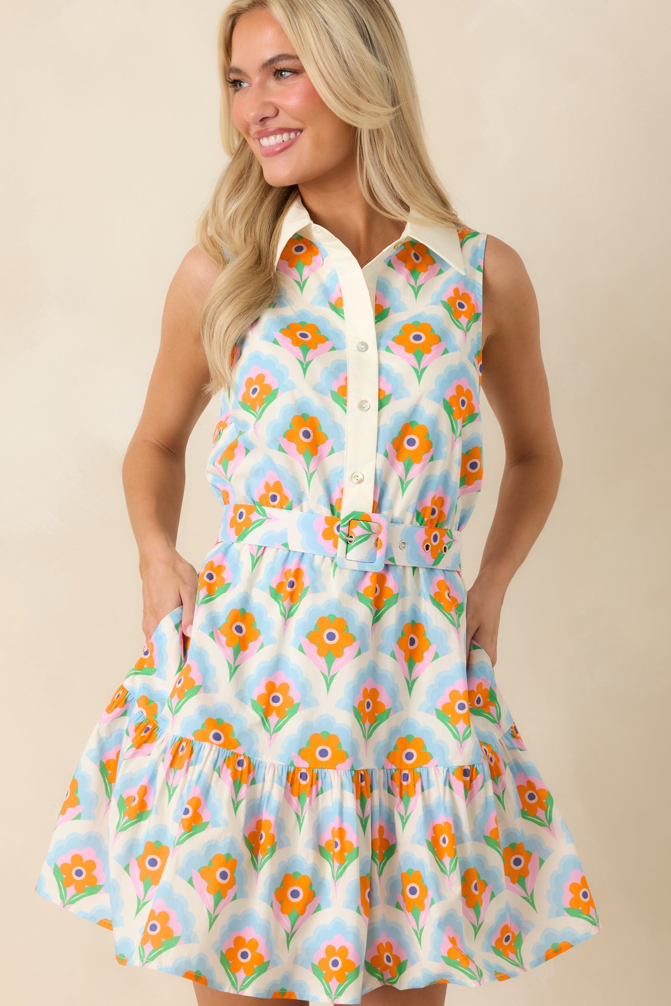 Weekend in Palm Springs Orange & Light Blue Floral Mini Dress