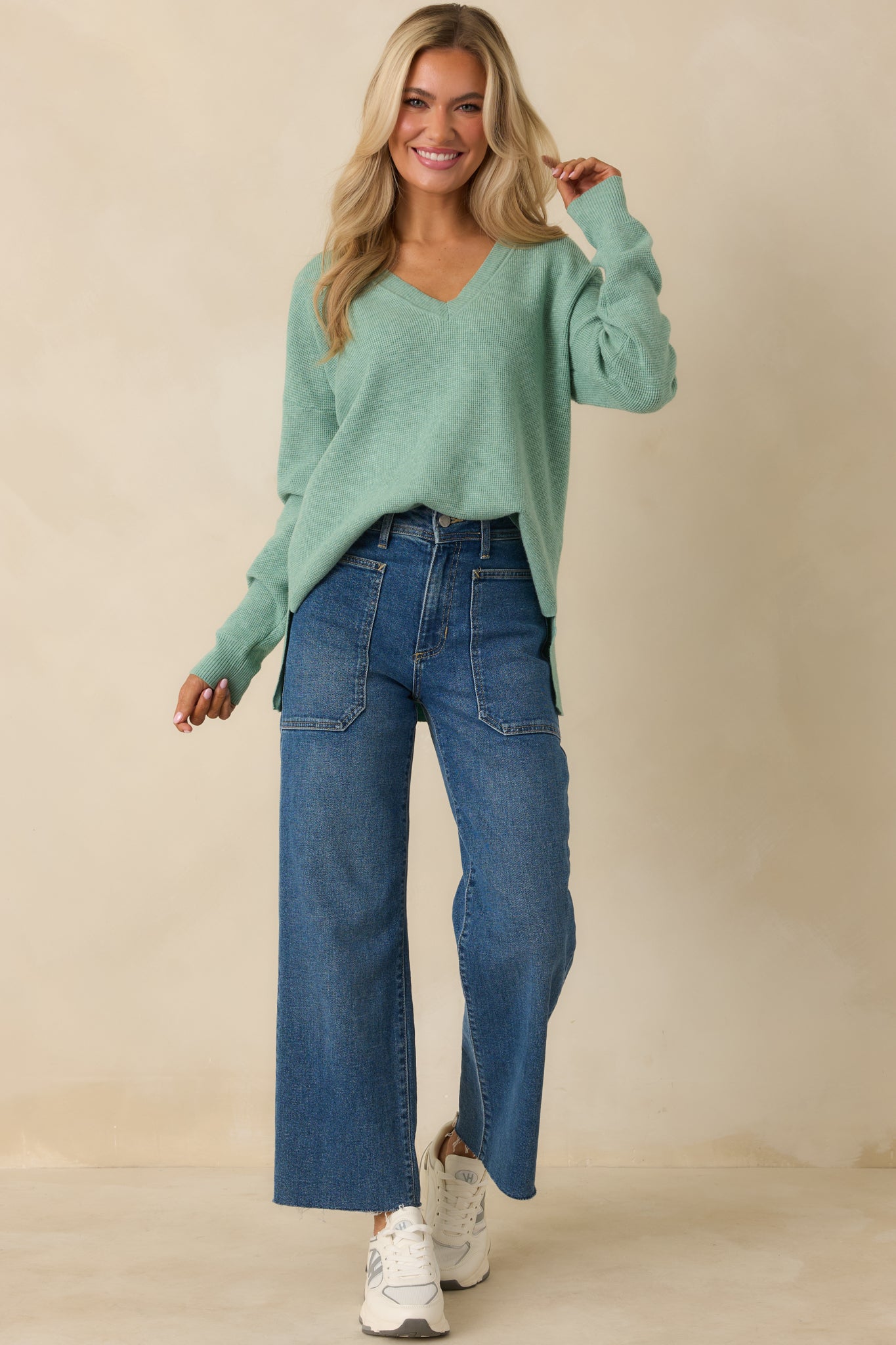 Cozy Afternoon Heather Ivy V-Neck Sweater