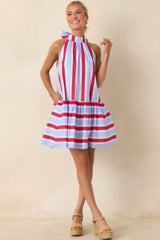 Made for Fireworks Red & Light Blue Stripe Cotton Halter Tiered Mini Dress