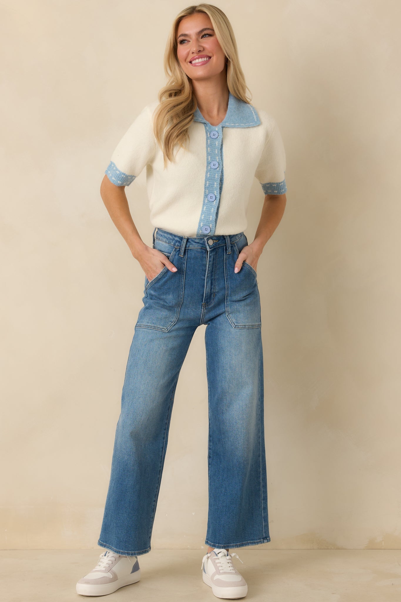 Clubhouse Chic Blue & Ivory Contrast Trim Button-Front Knit Polo Cardigan