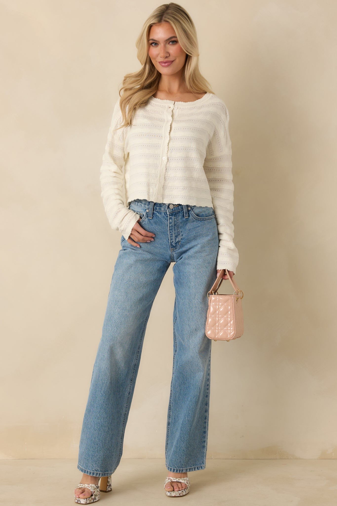 Away We Go Ivory Textured Knit Button Front Cardigan
