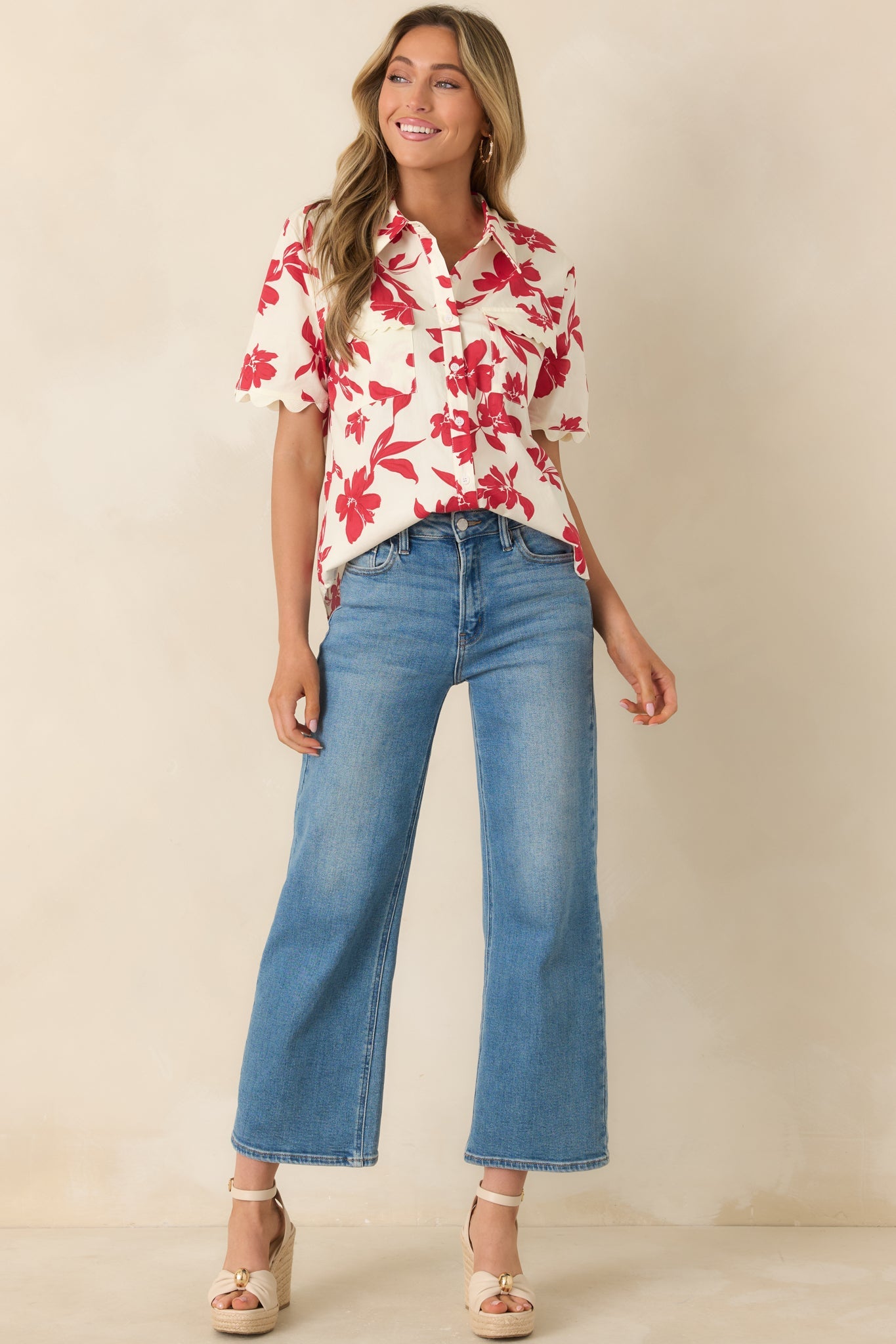 Feeling Fabulous Ivory & Red Floral Cotton Button Front Top