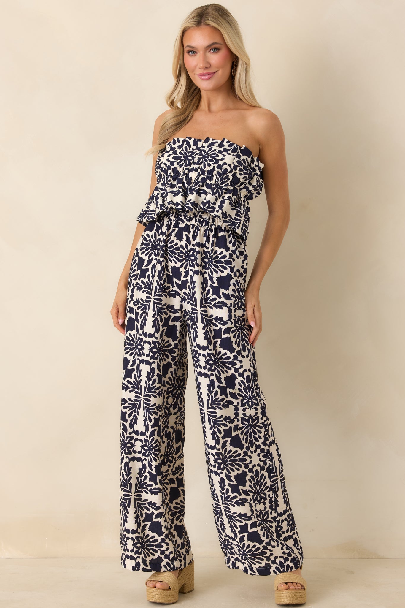 Say the Word Ivory & Navy Printed Wide Leg Jumpsuit
