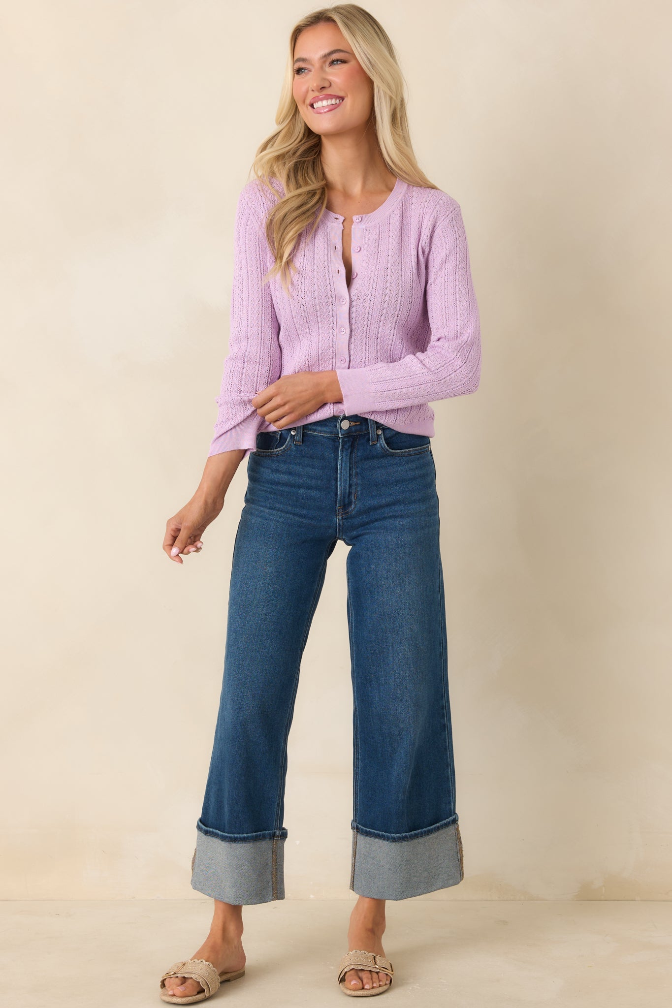 Hello Sunshine Lilac Pointelle Knit Cardigan