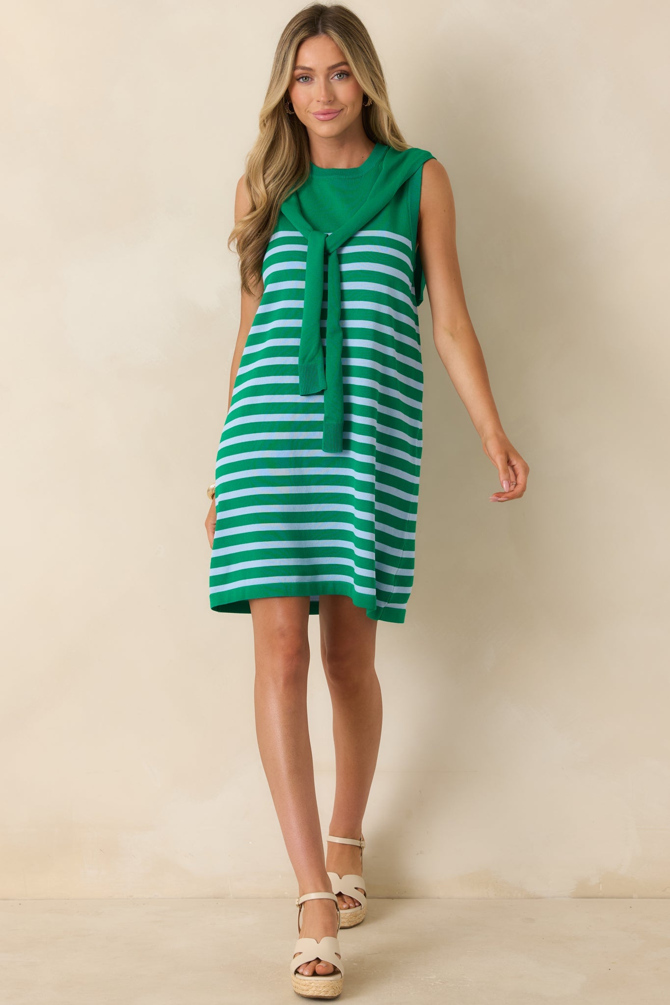 Fairway to Friday Green & Light Blue Stripe Layered Sweater Mini Dress