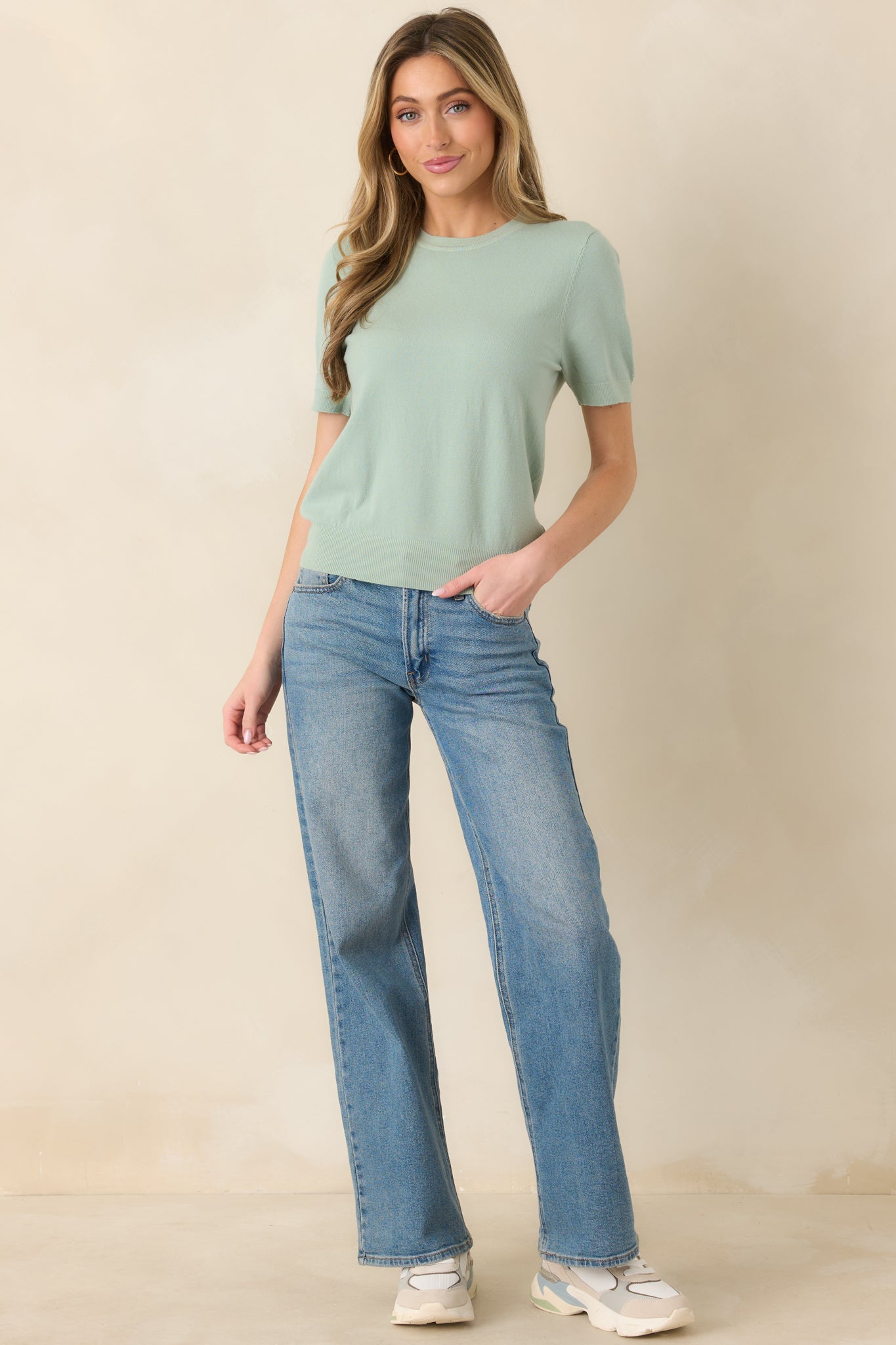 Always A Favorite Seafoam Green Short Sleeve Knit Top