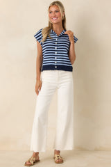 It All Lines Up Navy & Light Blue Stripe Knit Button Front Top