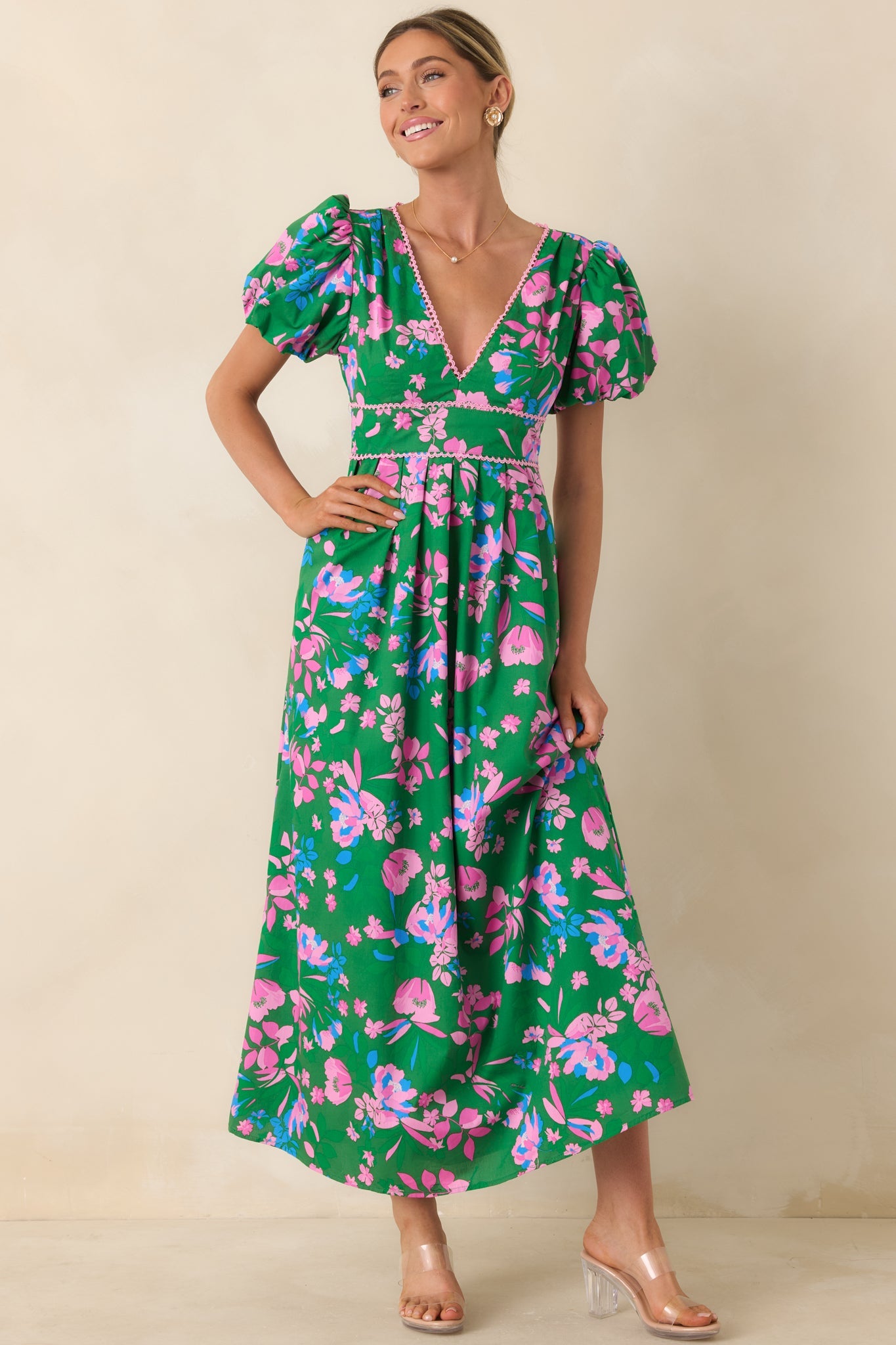 What a Dream Green Multi Floral Cotton Open Back Maxi Dress