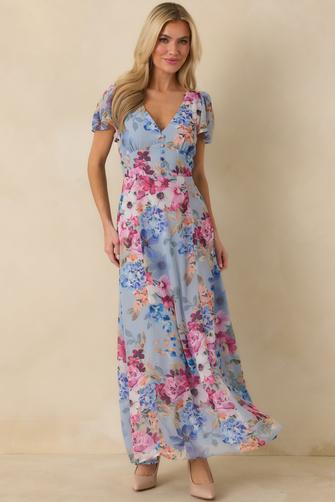Fate Finds a Way Blue Multi Floral V-Neck Flutter Sleeve Maxi Dress