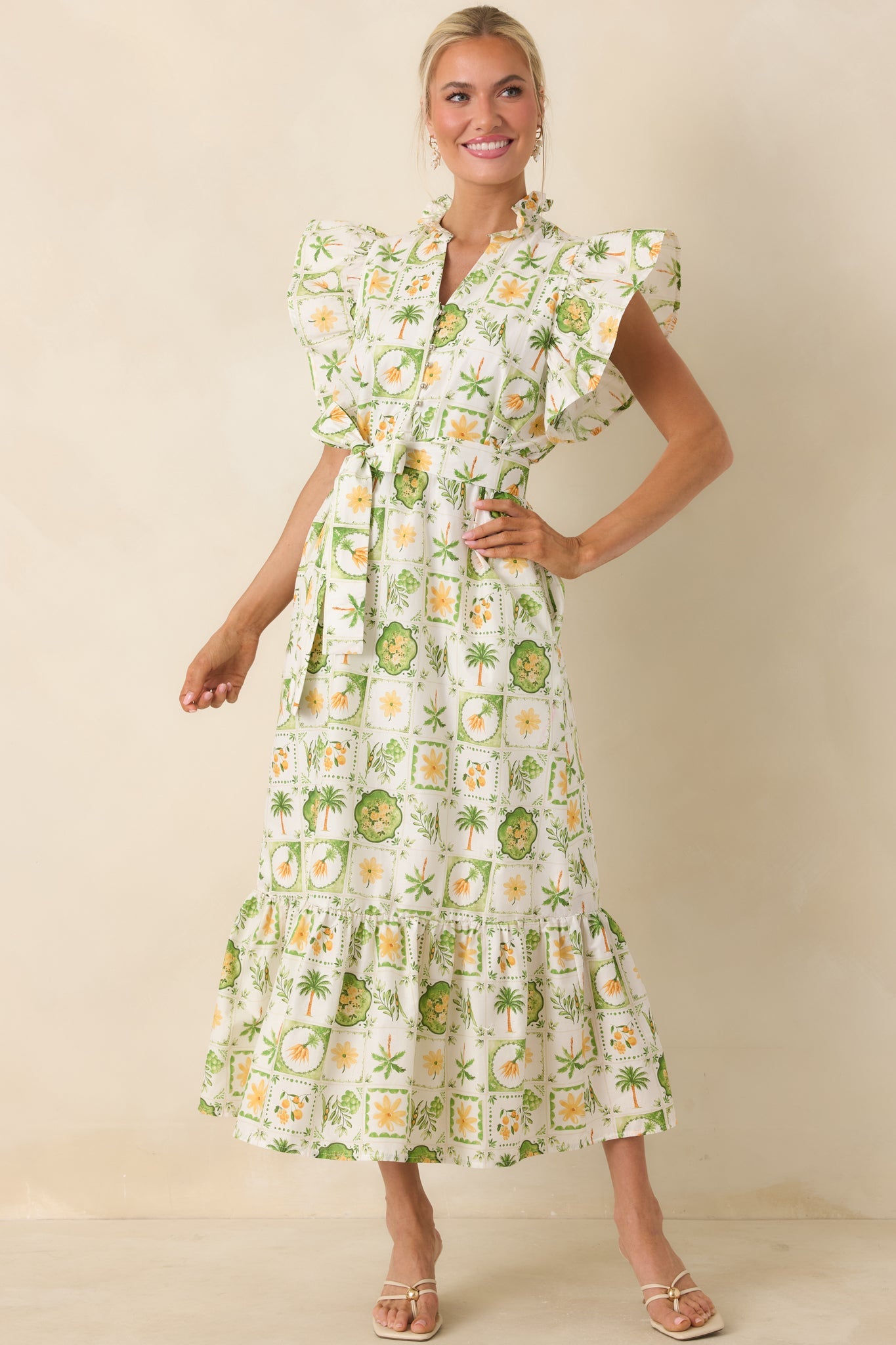 Somewhere Sunny Green Multi Cotton Ruffle Maxi Dress