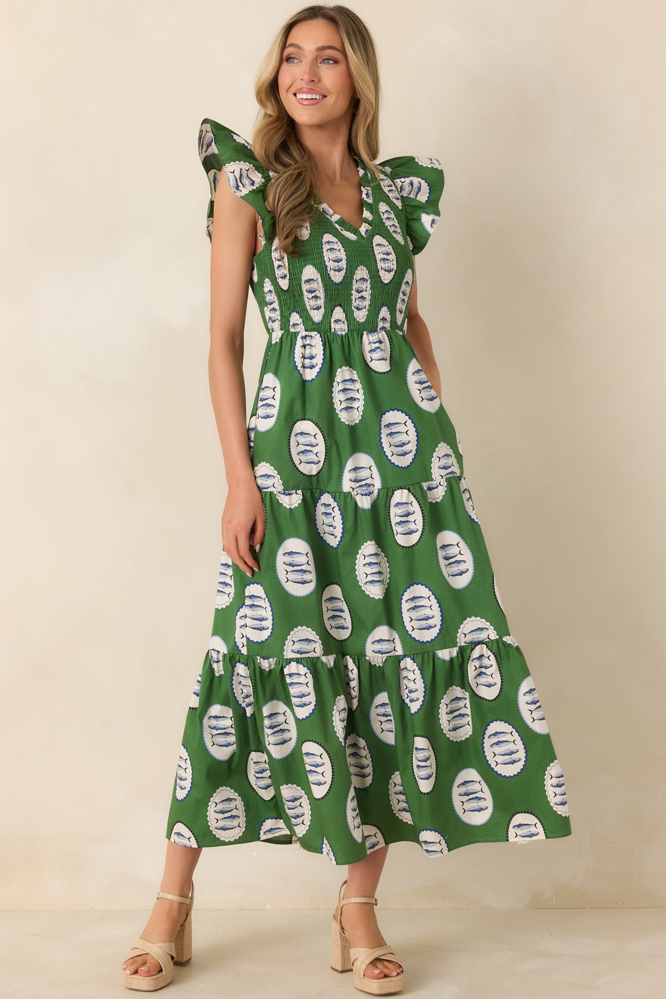 Where the Sun Goes Green Multi Cotton Fish Pattern Maxi Dress