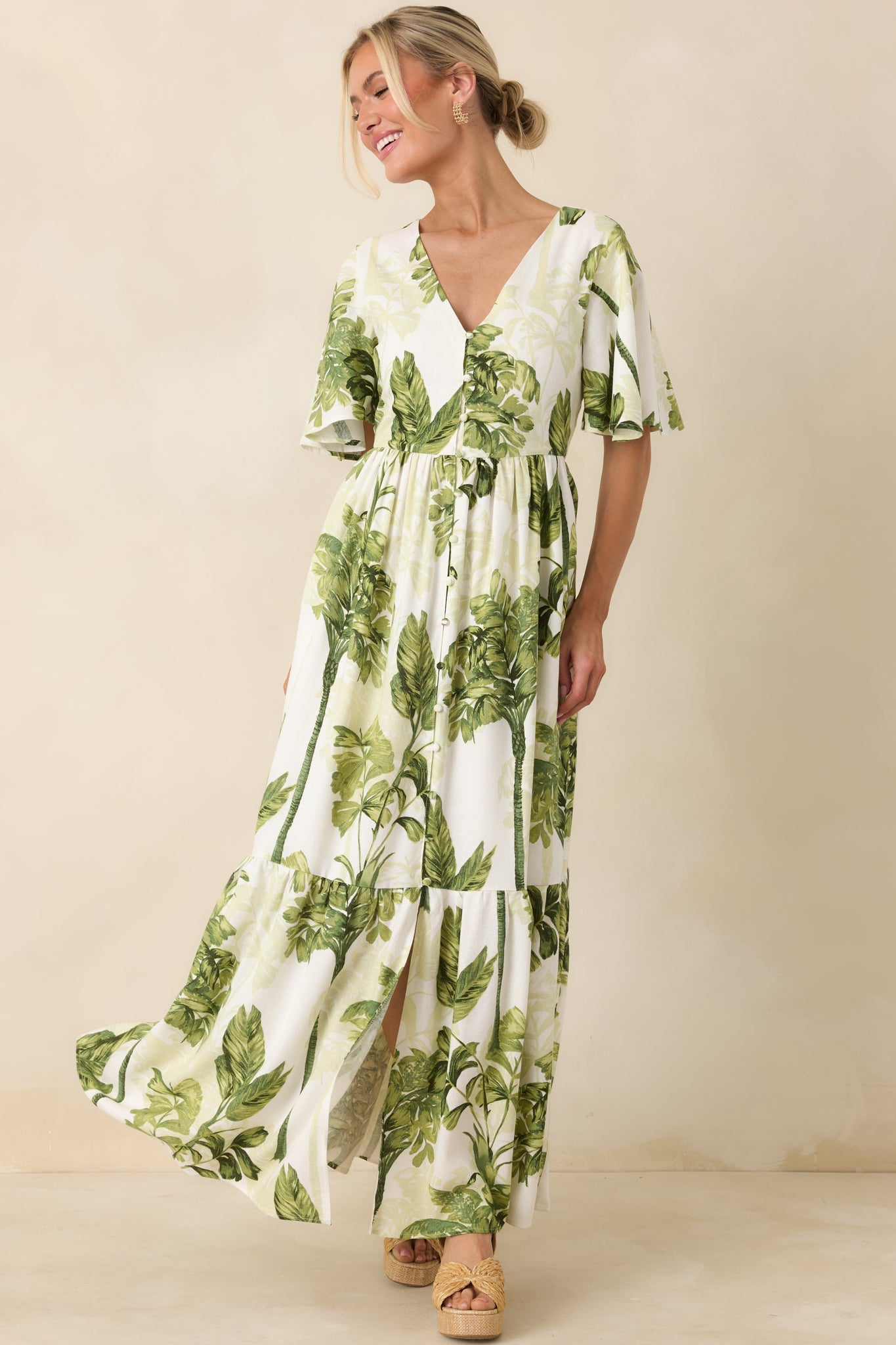 Under Swaying Palms Ivory & Green Tropical Flutter Maxi Dress
