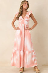 Sunset on the Shore Coral Orange Stripe Tie-Back Tiered Maxi Dress