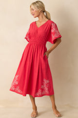 Finding Your Way Red Floral Embroidered Cotton Midi Dress