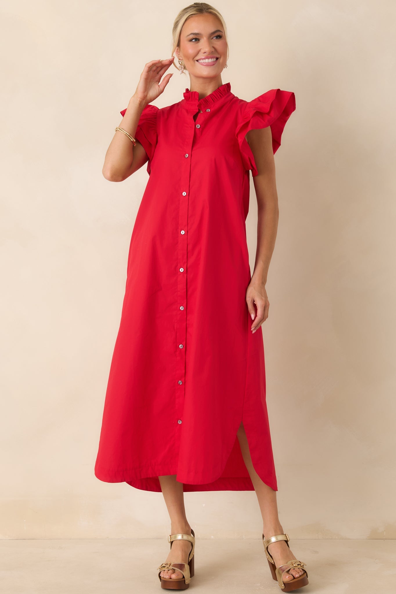 Exactly As Planned Red Cotton Ruffle Button Front Midi Dress