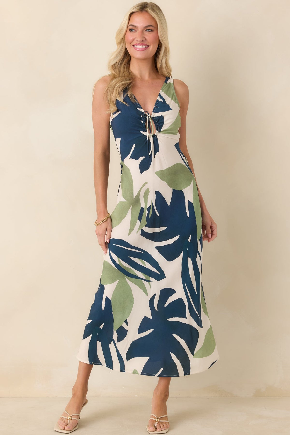 MINKPINK Azure Green & Blue Palm Leaves Key Hole Midi Dress