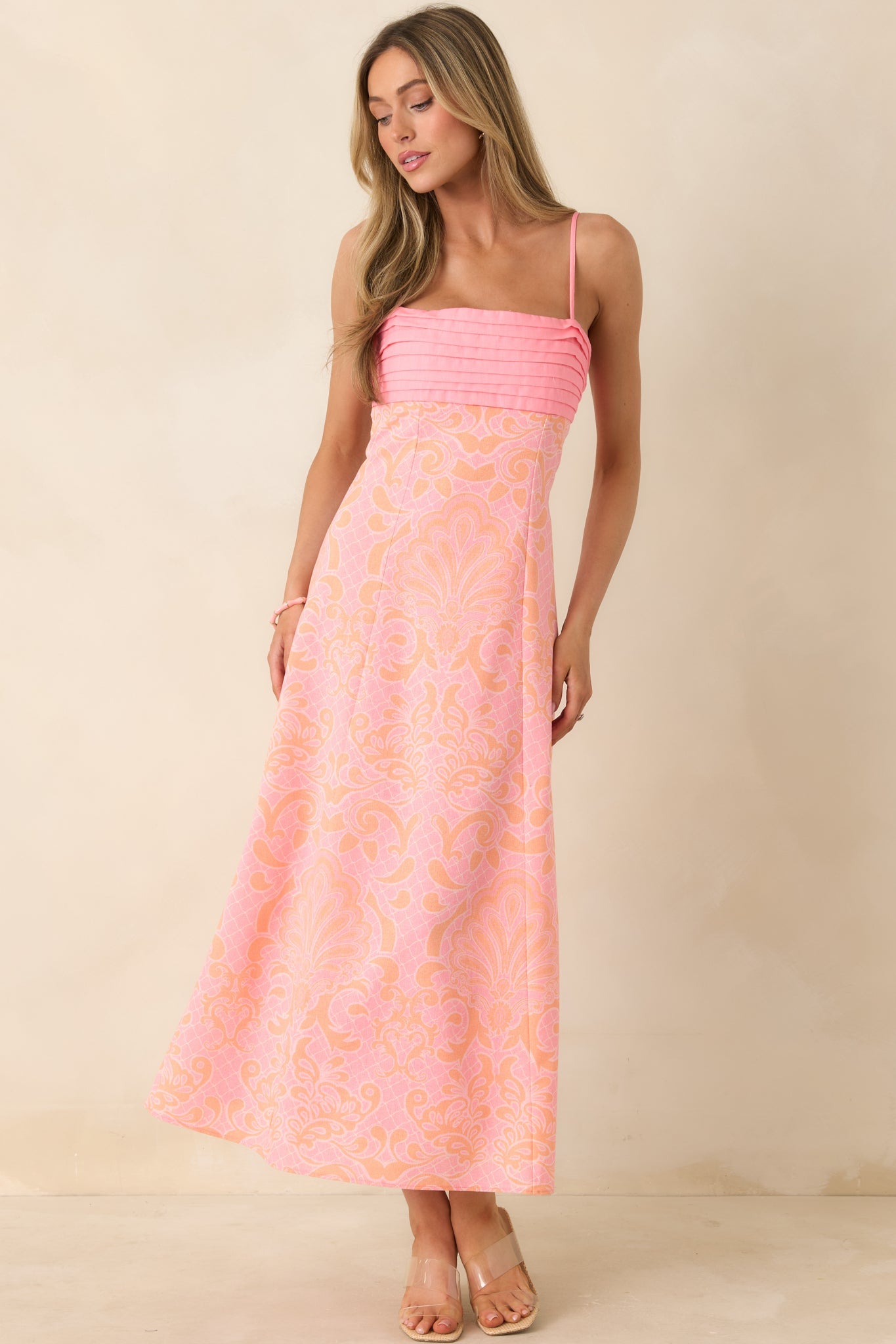 In the Glow Pink & Orange Jacquard Pleated Bust Midi Dress