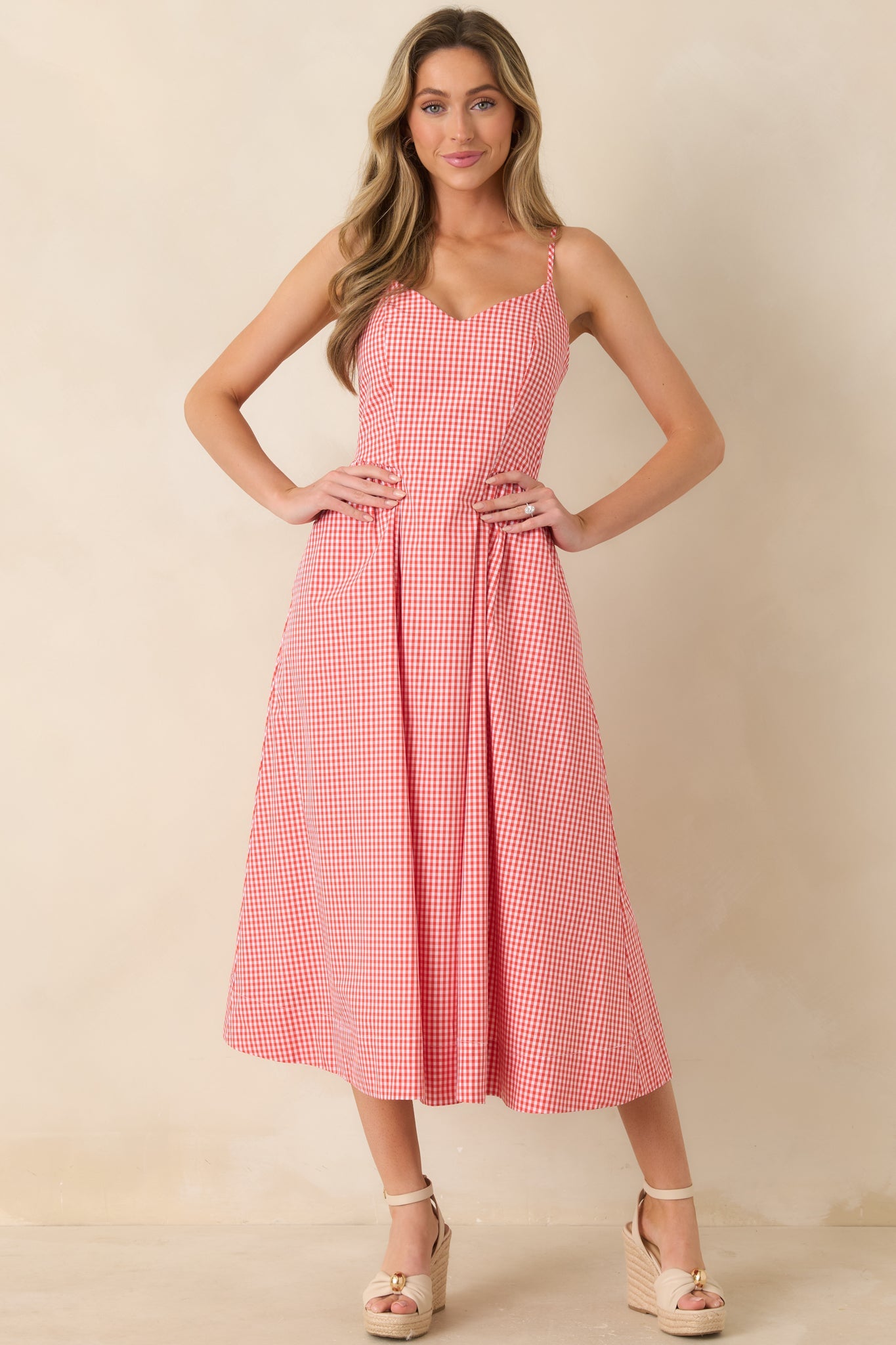 Weekend on the Coast Poppy Red Gingham Sleeveless Midi Dress