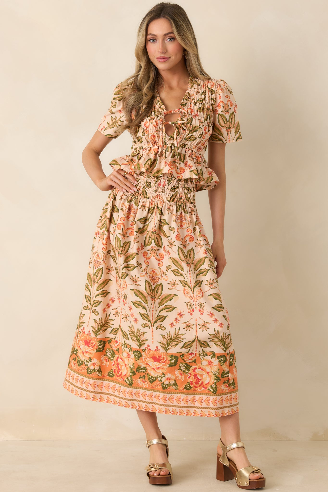 Bloom With Me Peach & Meadow Green Floral Cotton Midi Skirt