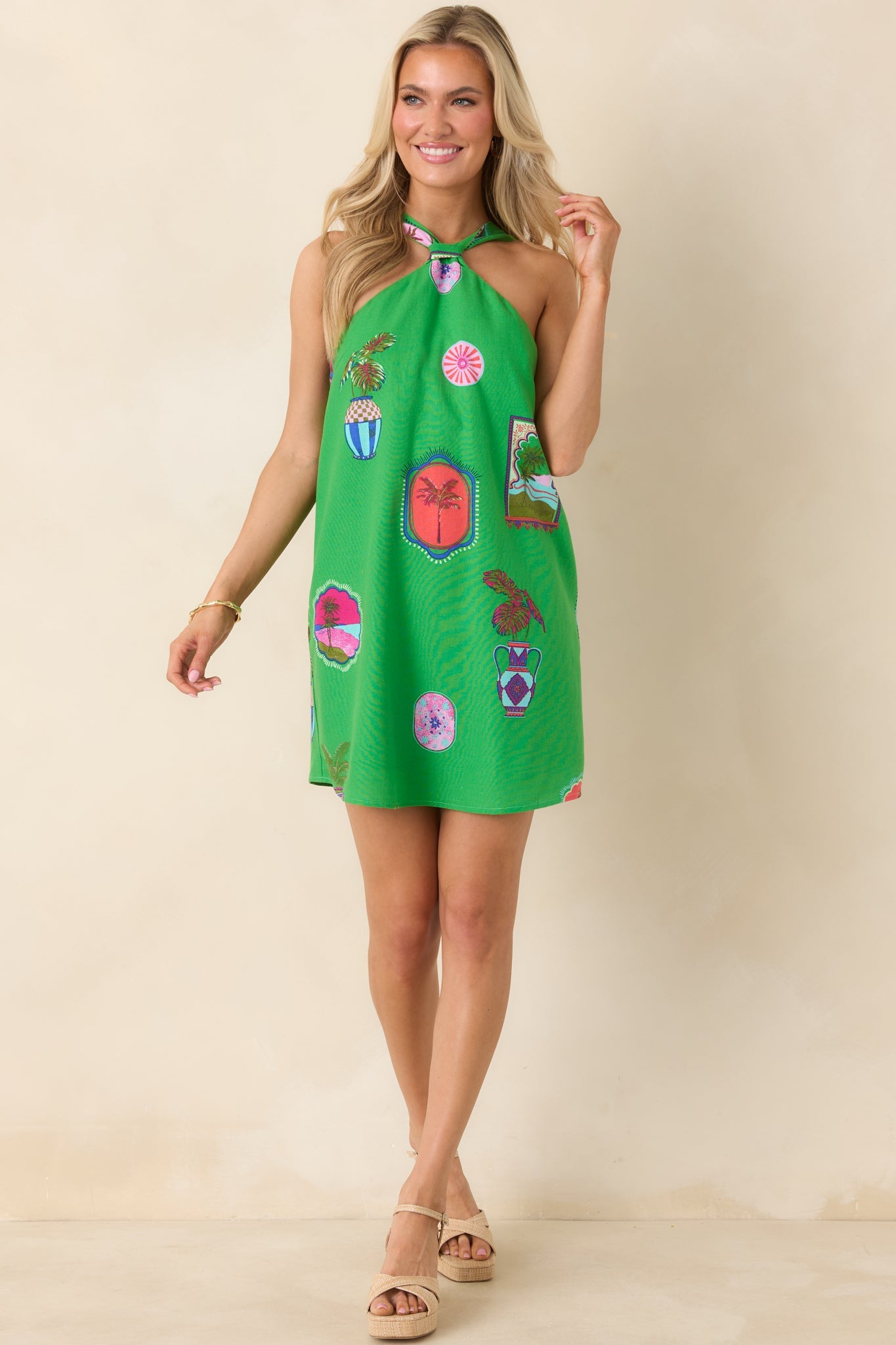 Catching Waves Green Multi Tropical Print Tie-Back Halter Mini Dress