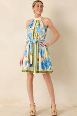 A Moment Like This Blue Multi Floral Cotton Halter Mini Dress