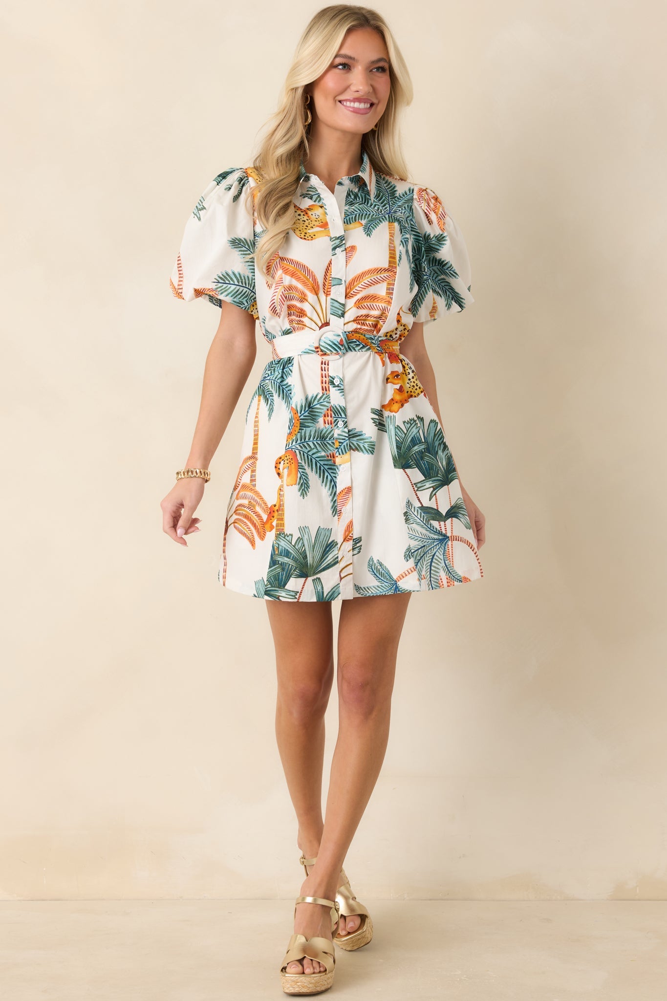 Paradise Plans Ivory Multi Tropical Print Puff Sleeve Mini Dress