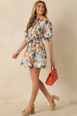 Retro Riviera Multi Tropical Print Tie-Belt Mini Shirt Dress