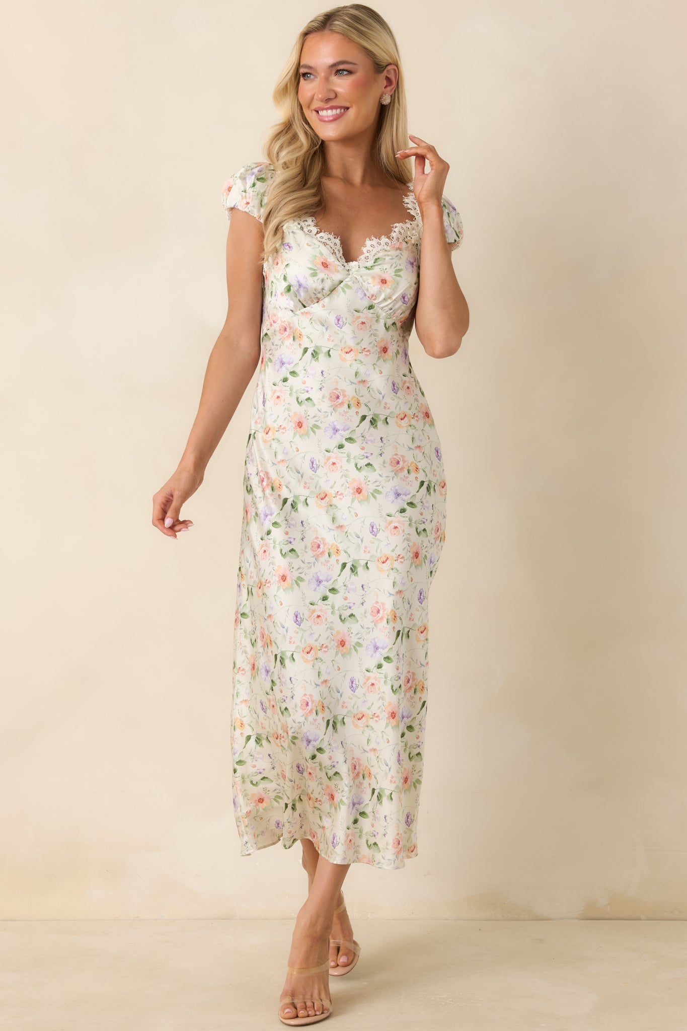 ASTR The Label Makaela Pale Green Multi Floral Lace Trim Midi Dress
