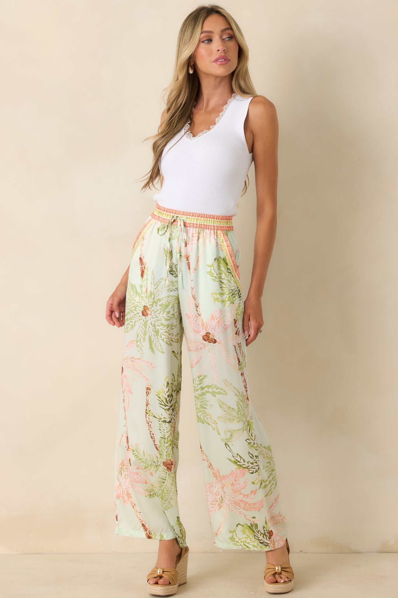 Palm Breeze Seafoam Green Palm Print Drawstring Pants