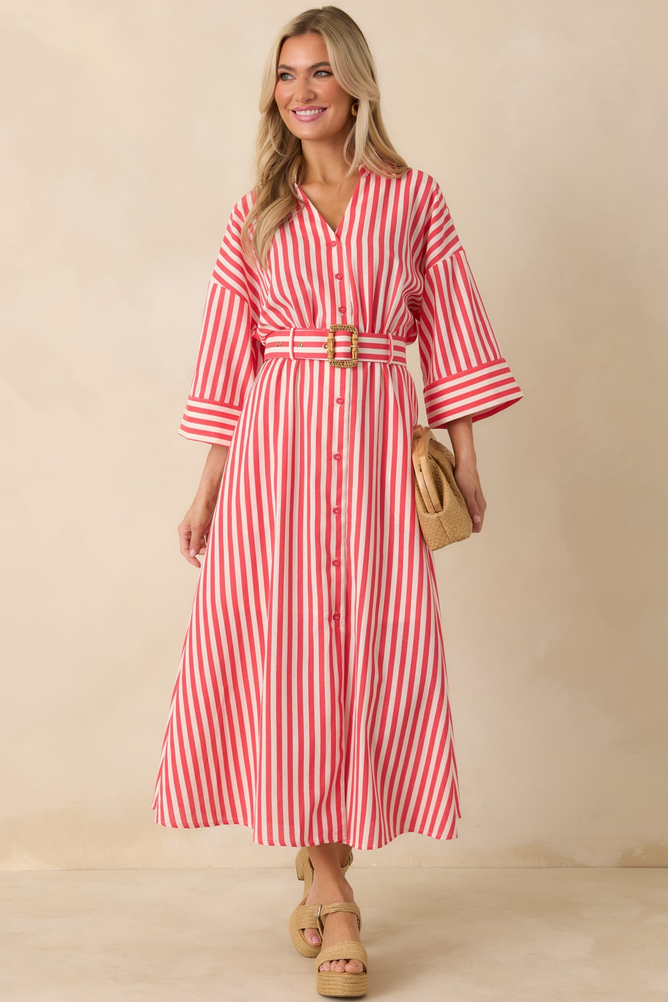 Lighthearted Days Red Stripe Belted Button Front Maxi Shirt Dress